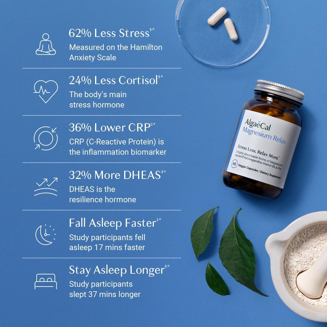 AlgaeCal Magnesium Relax – Chelated Magnesium with Ashwagandha for Sleep & Stress Support (60 Caps)